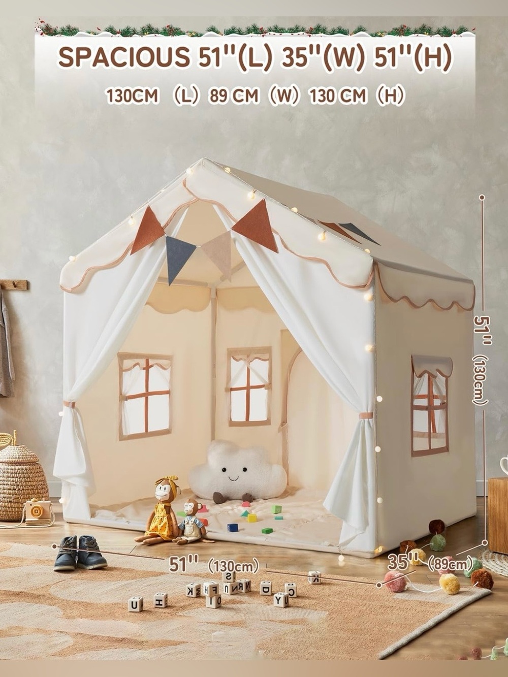 Kids Play Tent with Lights & Padded Mat (51” x 35” x 51”) - Picture 2 of 2